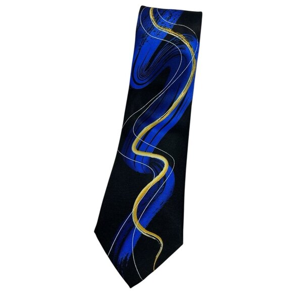 J. GARCIA Men's 100% Silk Necktie DESIGNER Tie XL Black Blue Art W:3.4" EUC - Picture 1 of 4